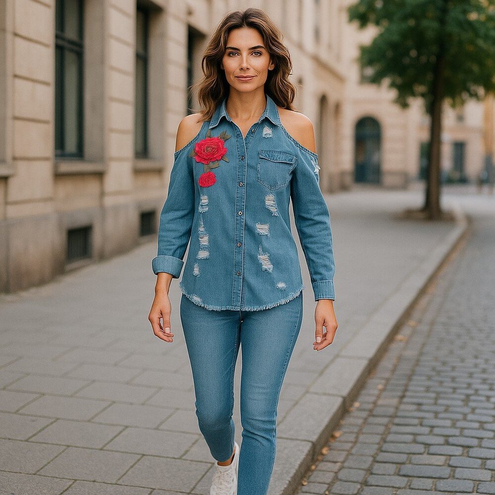 Denim Shoulder out Top with Floral Embellishment
